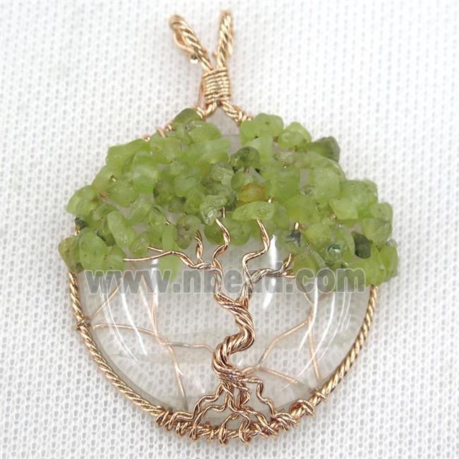 Clear Crystal Glass Coin Pendant With Peridot Chips Tree Of Life Wire Wrapped Rose Gold