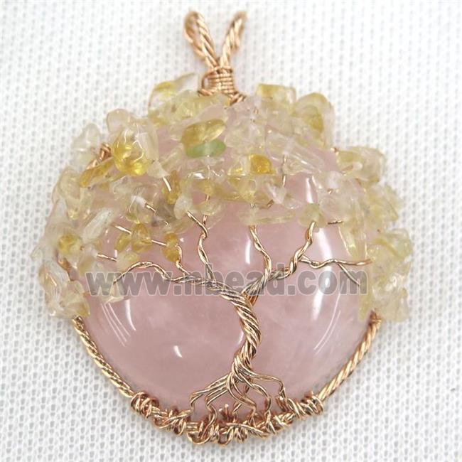 Rose Quartz Coin Pendant With Citrine Chips Tree Of Life Wire Wrapped Rose Gold