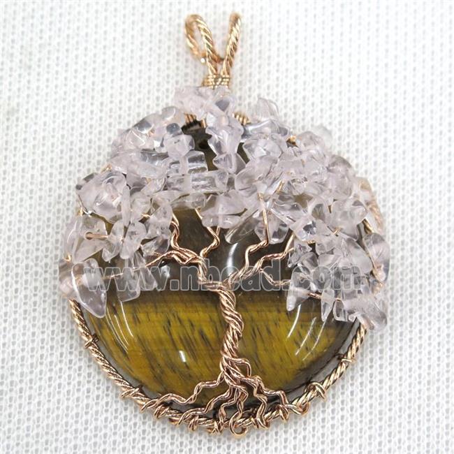 Tiger Eye Stone Coin Pendant With Rose Quartz Chips Tree Of Life Wire Wrapped Rose Gold