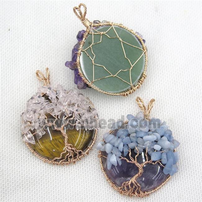 Natural Gemstone Coin Pendant With Gemstone Chips Tree Of Life Wire Wrapped Rose Gold Mixed