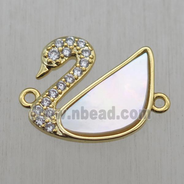 copper Swan connector paved zircon with white pearlized shell, gold plated