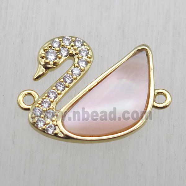 copper Swan connector paved zircon with white queen shell, gold plated