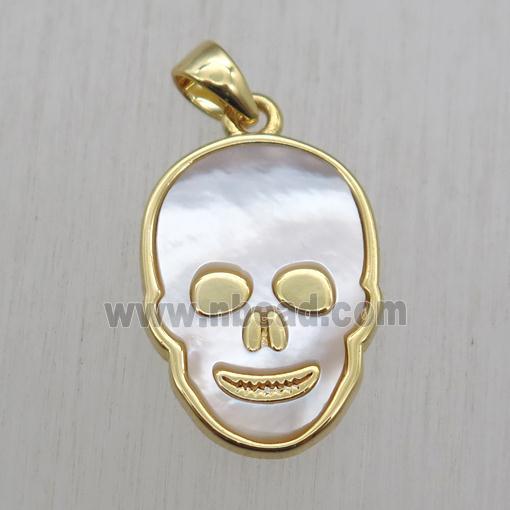 copper skull pendant with white pearlized shell, gold plated