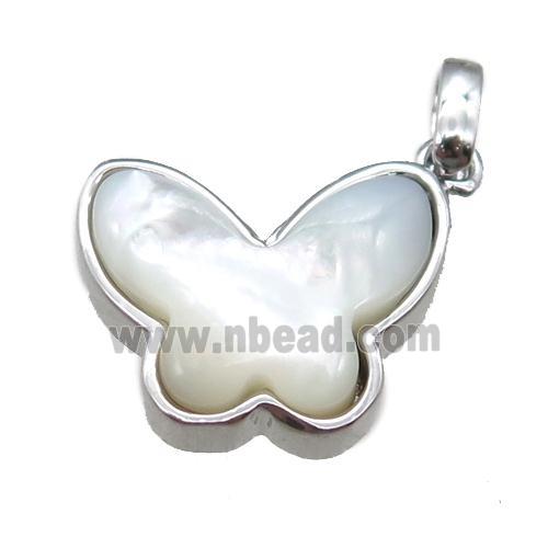 white pearlized Shell butterfly pendant, platinum plated