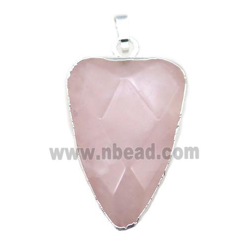 rose quartz arrowhead pendant, sliver plated