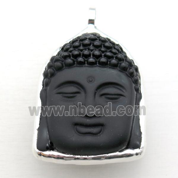 black Obsidian buddha pendant, silver plated