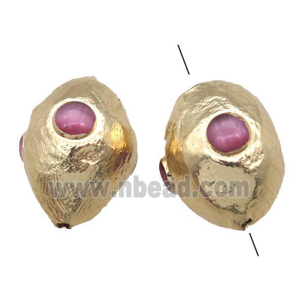 red cats eye beads, gold plated
