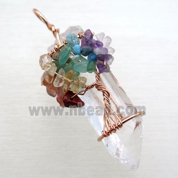 Clear Quartz Chakra Pendant Tree Of Life Wire Wrapped Rose Gold