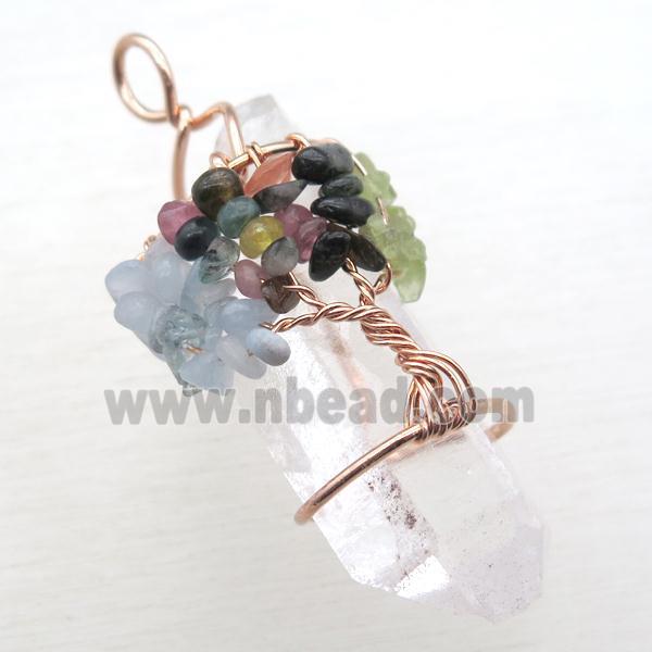 Clear Quartz Chakra Pendant Tree Of Life Wire Wrapped Rose Gold