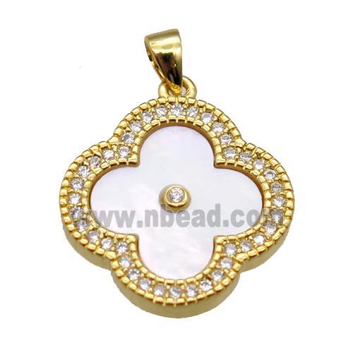 white pearlized shell clover pendant with copper pave zircon, gold plated