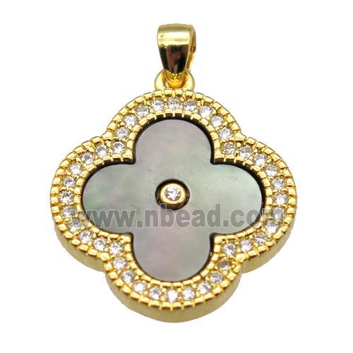 Abalone shell clover pendant with copper pave zircon, gold plated