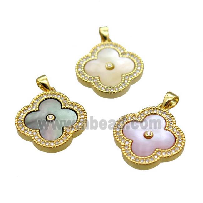mixed shell clover pendant with copper pave zircon, gold plated