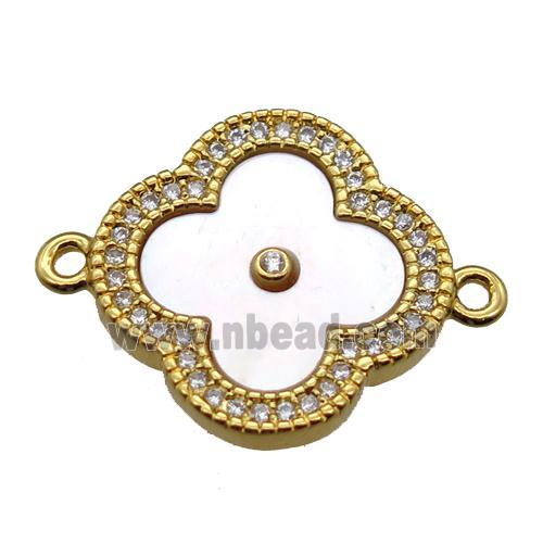 white pearlized shell clover connector with copper pave zircon, gold plated