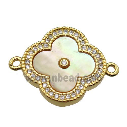 yellow pearlized shell clover connector with copper pave zircon, gold plated