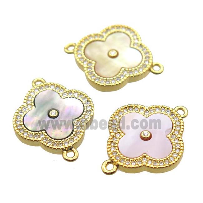 mixed shell clover connector with copper pave zircon, gold plated