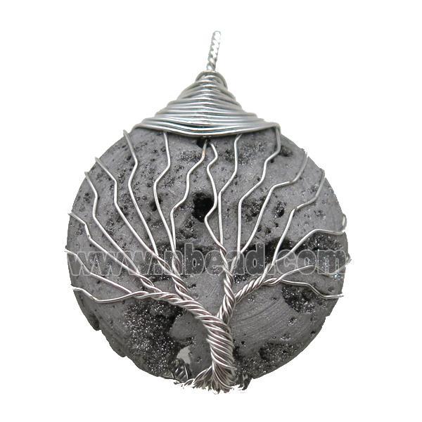 silver Agate Druzy circle pendant wire warpped tree of life