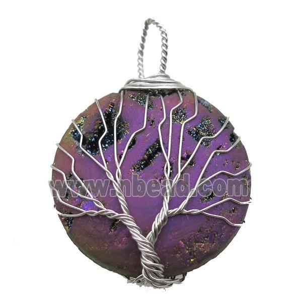purple Agate Druzy circle pendant wire warpped tree of life