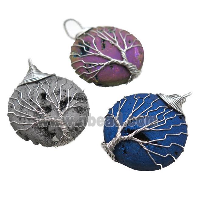 Agate Druzy coin round pendant wire warpped tree of life, mixed color