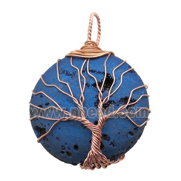 blue electroplated Agate Druzy circle pendant wire warpped tree of life