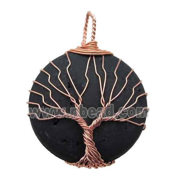 black electroplated Agate Druzy circle pendant wire warpped tree of life