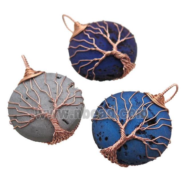 mixed Agate Druzy circle pendant wire warpped tree of life, rose gold