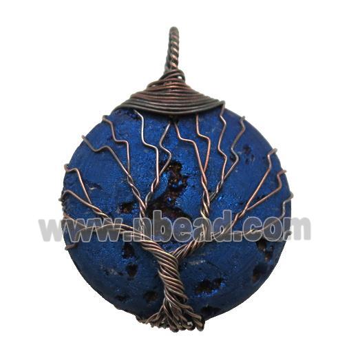 blue electroplated Agate Druzy circle pendant wire warpped tree of life