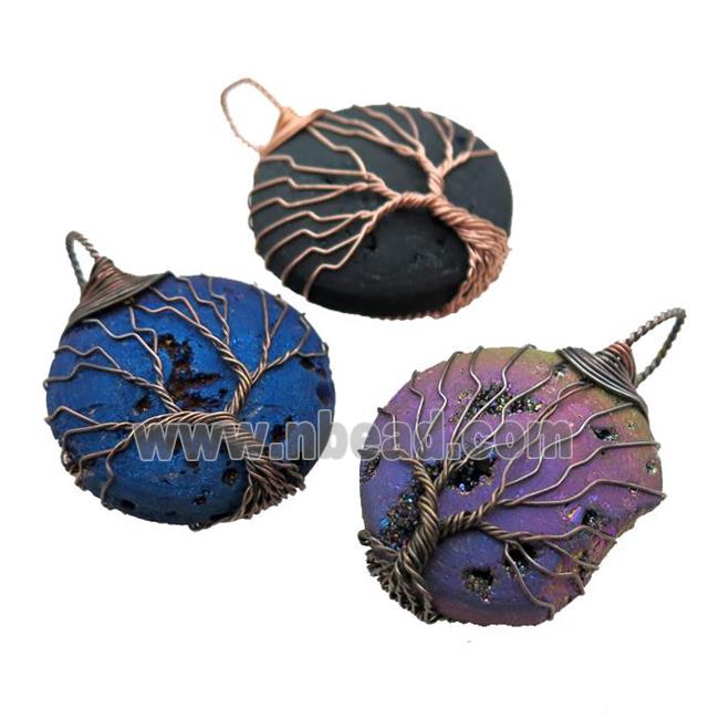 Agate Druzy circle pendant wire warpped tree of life, mixed color