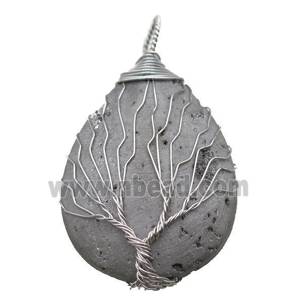 silver plated Agate Druzy teardrop pendant wire warpped tree of life