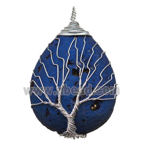 blue electroplated Agate Druzy teardrop pendant wire warpped tree of life