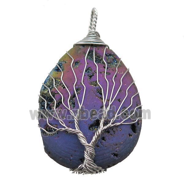 rainbow Agate Druzy teardrop pendant wire warpped tree of life