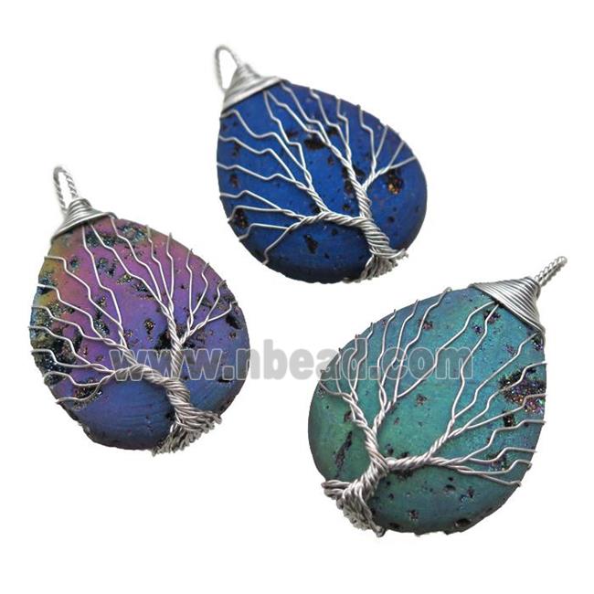 Agate Druzy teardrop pendant wire warpped tree of life, mixed color
