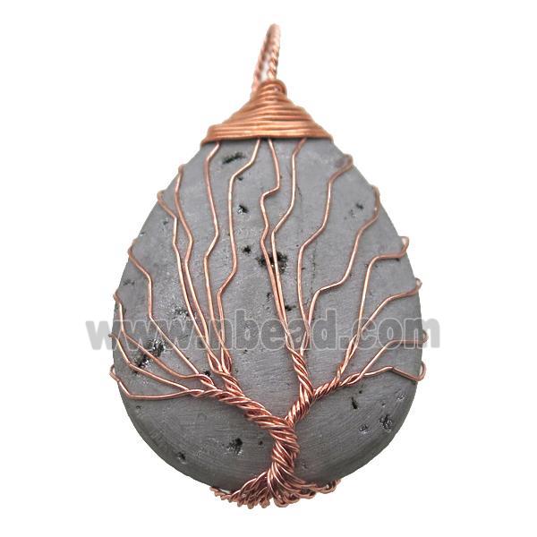 silver Agate Druzy teardrop pendant wire warpped tree of life