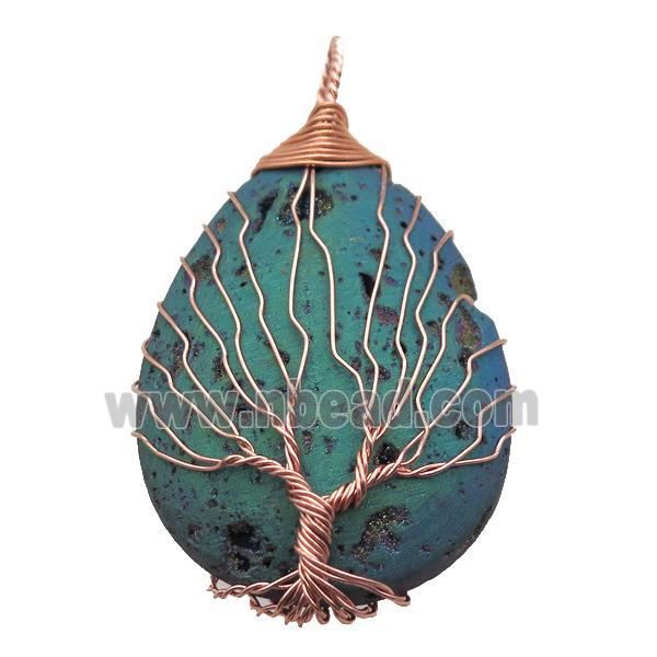 green electroplated Agate Druzy teardrop pendant wire warpped tree of life