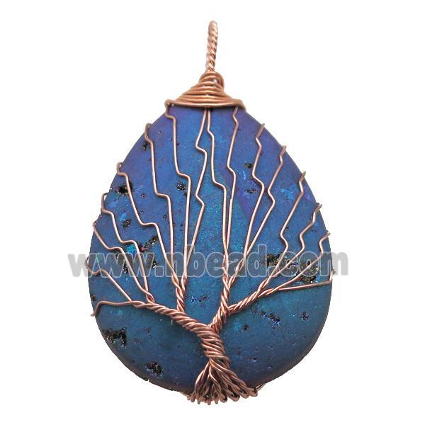 rainbow Agate Druzy teardrop pendant wire warpped tree of life