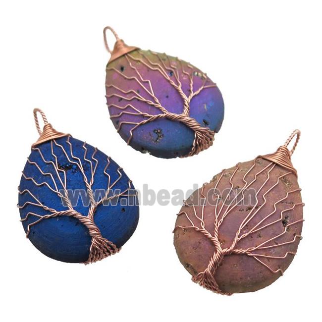 mixed Agate Druzy teardrop pendant with warpped tree of life, rose gold