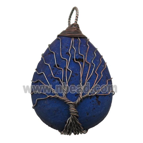 blue Agate Druzy teardrop pendant wire warpped tree of life