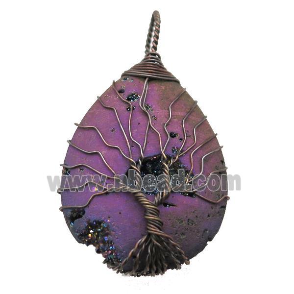 purple Agate Druzy teardrop pendant wire warpped tree of life