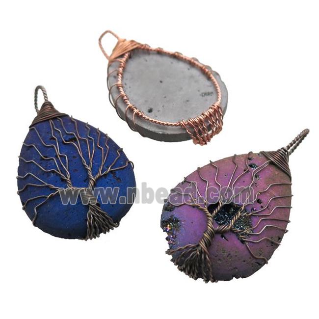 Agate Druzy teardrop pendant wire warpped tree of life, mixed color