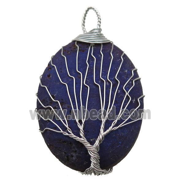 darkpurple electroplated Agate Druzy oval pendant wire warpped tree of life