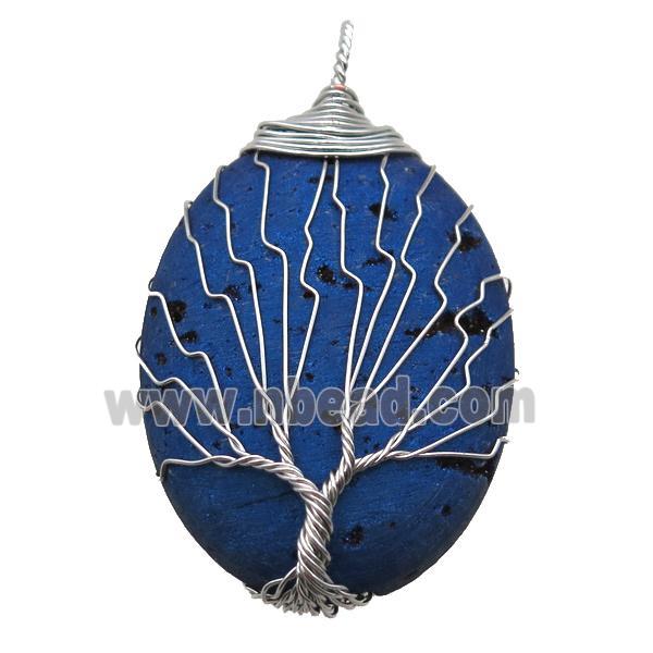blue electroplated Agate Druzy oval pendant wire warpped tree of life