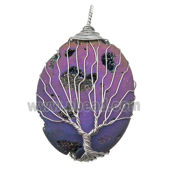 purple electroplated Agate Druzy oval pendant wire warpped tree of life