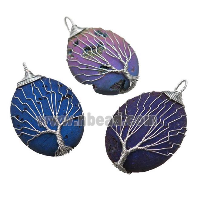 mixed color Agate Druzy oval pendant wire warpped tree of life