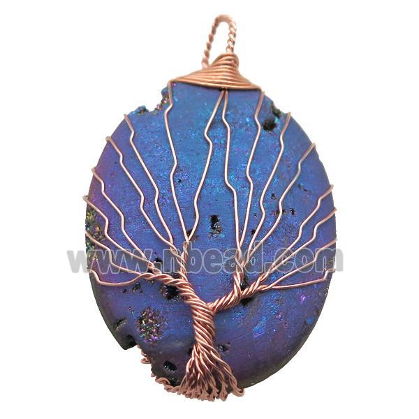 blue Agate Druzy oval pendant wire warpped tree of life, rose gold