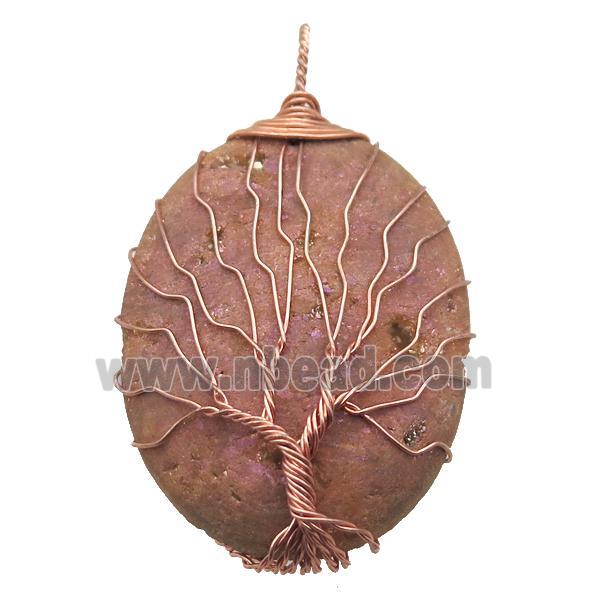 champagne Agate Druzy oval pendant wire warpped tree of life, rose gold