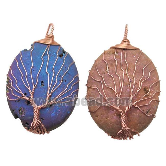 mixed Agate Druzy oval pendant wire warpped tree of life, rose gold