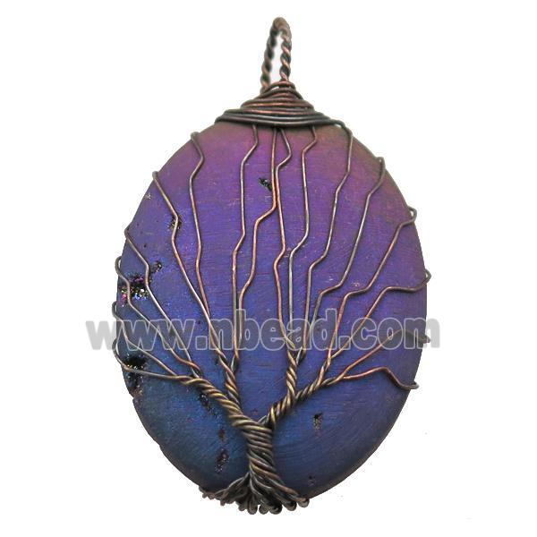 rainbow Agate Druzy oval pendant wire warpped tree of life