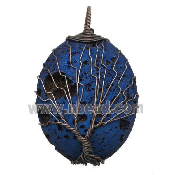 blue Agate Druzy oval pendant wire warpped tree of life