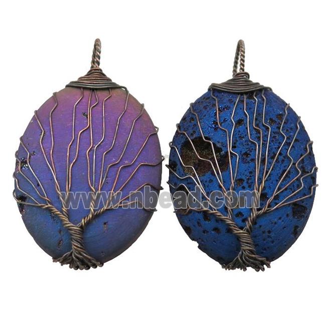 mixed Agate Druzy oval pendant wire warpped tree of life