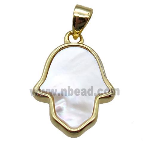 white Pearlized Shell hamsahand pendant, gold plated