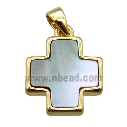 gray abalone shell cross pendant, gold plated